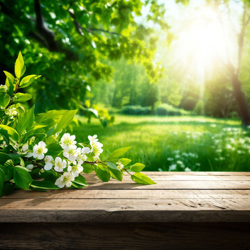 spring flowers on wooden background - Spring beautiful background with green lush young foliage and flowering branches with an empty wooden table on nature outdoors in sunlight in garden.