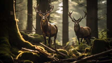 Two stag in the forest during a rut season, staring at camera
