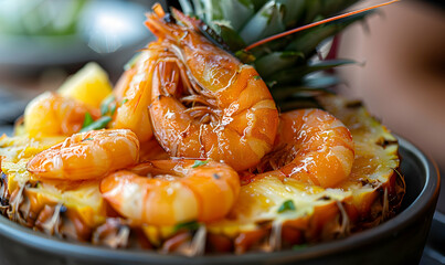 Pineapple and prawns in a bowl on a gray background