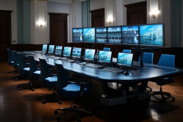 a high tech surveillance hub with advanced monitoring tools and state of the art tracking technology, integrating sleek, ergonomic workstations and immersive holographic displays