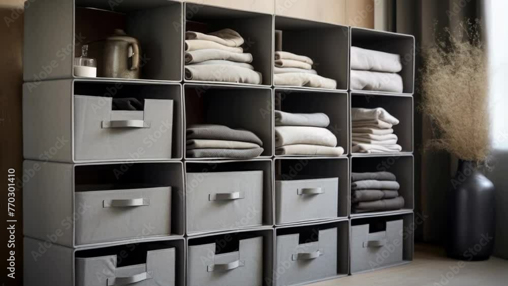 Poster a row of gray storage boxes with white clothes inside. the boxes are stacked on top of each other, a