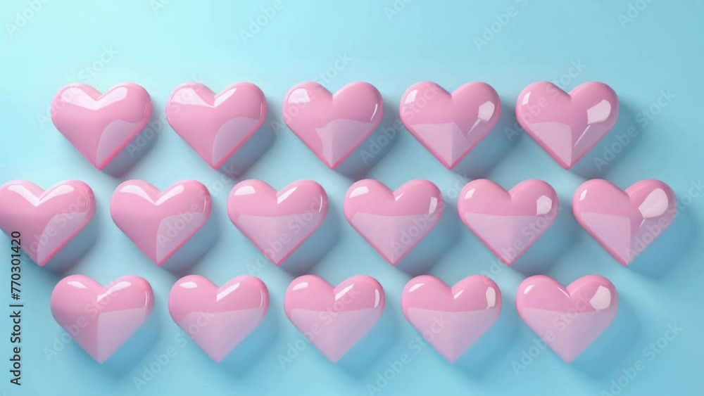 Poster a row of pink hearts are arranged in a row on a blue background. the hearts are all the same size an