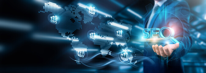 Businessman holding SEO connection on digital networking and online platforms, Business strategy and marketing optimization, data analytics, Technology and global reach.