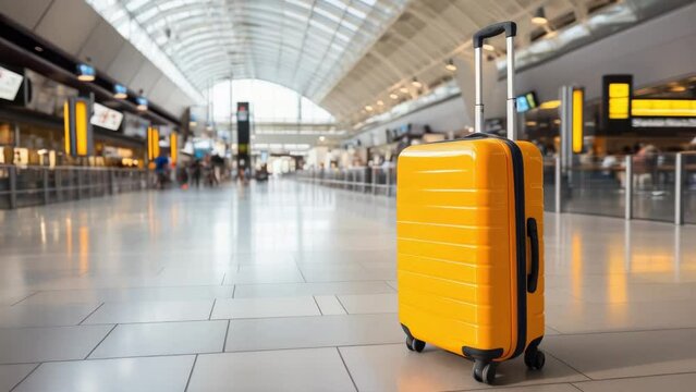 A yellow suitcase is sitting on the floor in a large airport terminal. The suitcase is open and ready to be loaded onto a plane. The scene is bustling with people walking around