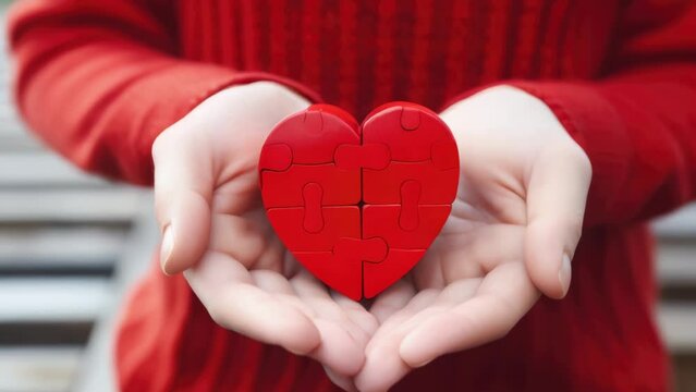 A person is holding a red heart made of puzzle pieces. Concept of love and care, as the person is holding the heart with both hands, emphasizing the importance of the heart as a symbol of affection