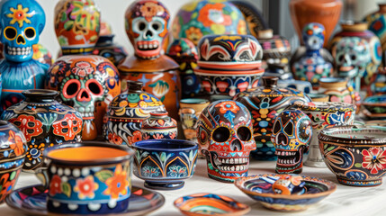 Fototapeta na wymiar An array of vibrant handcrafted Mexican ceramic pottery, showcasing intricate designs and traditional skull motifs