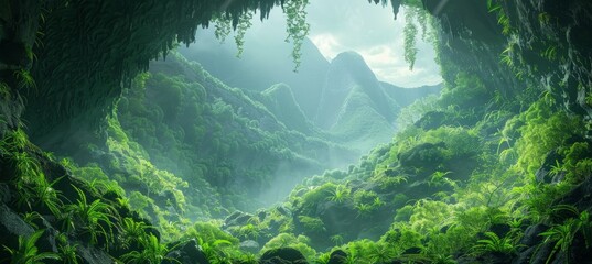 Green cave forest nature. Generative AI technology.