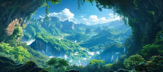 Cave, mountain, valley and green forest. Generative AI technology.