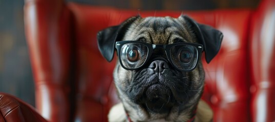 Cute pug dog wearing glasses on red sofa. Generative AI technology.