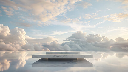  A sleek and modern podium with  a cloudy sky as the backdrop, Consmetic product display mockup with sky background, - obrazy, fototapety, plakaty