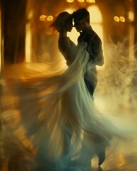 Ballroom dance, Flowing gown, Reflecting the grace of a Waltz, elegant and fluid motions, Photography, Backlights and soft focus effect