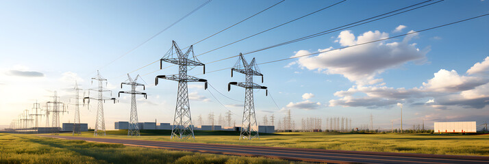 View of a High Voltage Electrical Substation Showing Complex Network of Transformers and Power Lines - obrazy, fototapety, plakaty