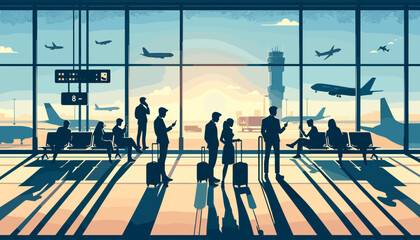 Concept of the image of an international airport. Vector illustration. - obrazy, fototapety, plakaty