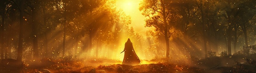 Knights Templar, ceremonial sword, legendary, sacred initiation ritual in a forest grove, starry night, realistic, golden hour, Lens Flare - obrazy, fototapety, plakaty