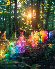 Mood Jars, Magical elixirs, Transcendent connection, Enchanted forest clearing with ethereal bottles showcasing a range of feelings, Photography, Backlights, Lens Flare