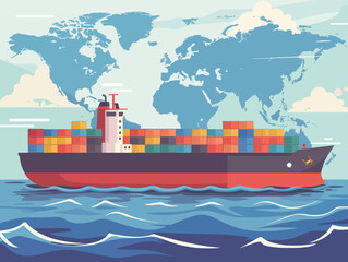 Cargo ship sailing at sea with world map on background. Vector concept.