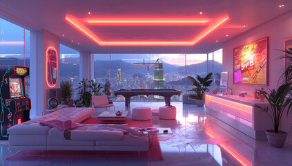  A luxurious living room with neon lights, white furniture and a view of the city at night time with a cyberpunk theme featuring pink and orange tones. Created with Ai