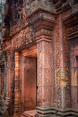 Close up to the door carving of Banteay Srei Temple in Siem Reap, Cambodia