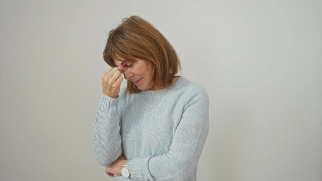 Exhausted middle-age woman fatigued by stress, standing, eyes rubbing, nose touching, sweater-wear struggling with headache over white isolated background