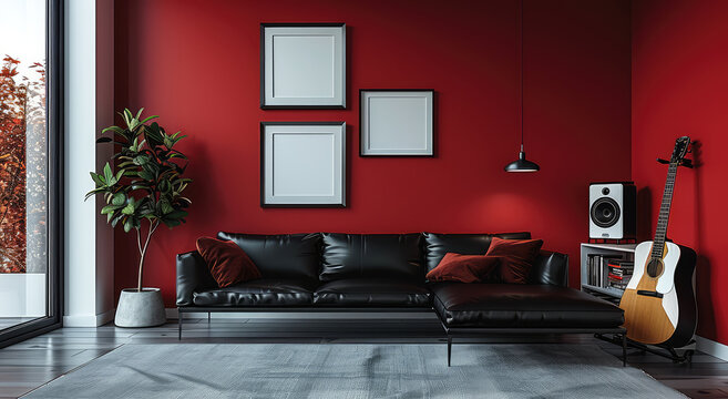  Photograph of a red living room with a black leather sofa, white walls, and blank picture frames on the wall. An electric guitar is leaning against one of the walls. Created with Ai