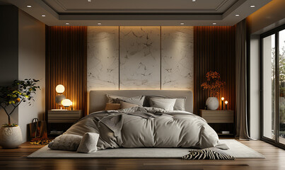  Modern bedroom interior design, a large bed with grey fabric bedding and decorative pillows on a wooden floor against a wall with a painting in the style of a Chinese artist. Created with Ai
