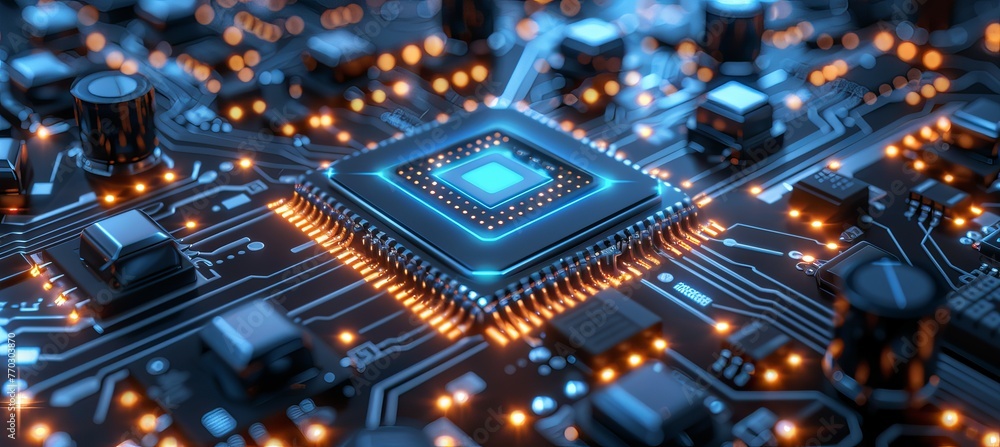 Poster Computer microchip processor hardware. Generative AI technology.	
