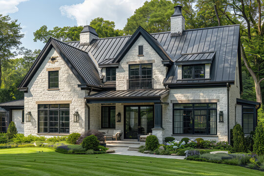  A stunning luxury home in the Pacific Northwest, with a large front porch containing windows and lights on, a dark grey wood exterior, traditional Victorian style architecture. Created with Ai