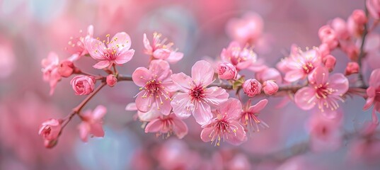 Pink cherry blossoms sakura floral branch. Generative AI technology.