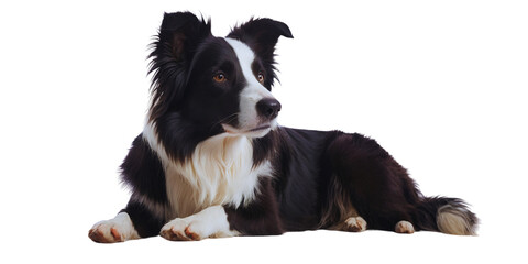 A beautiful Border Collie with black and white coat lying down, looking attentive and curious with a soft gaze