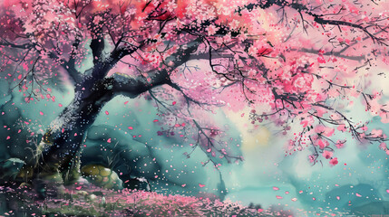 Dreamy artwork featuring a cherry blossom tree amidst a misty, ethereal forest setting