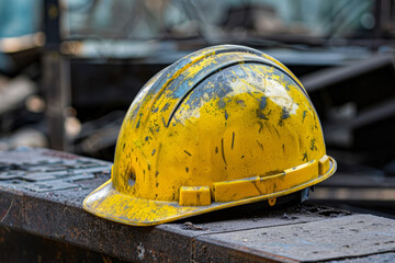 A yellow hardhat for safety, intended for a factory worker operating in a hazardous workplace - obrazy, fototapety, plakaty