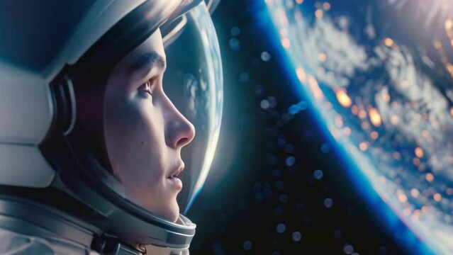 
Head shot of attractive female astronaut wearing a helmet in outer space looking at planet earth. 3D rendering