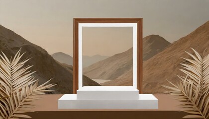 Stylish Mockup: Landscape Brown Podium with Empty Space in White
