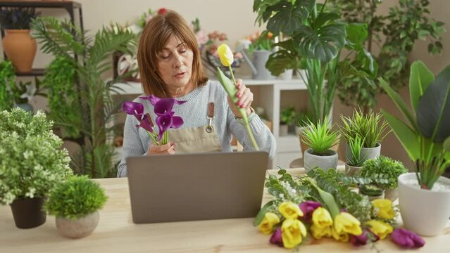 A middle-aged woman with short hair working on a laptop in an indoor flower shop surrounded by colorful plants