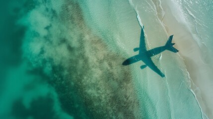 Fototapeta na wymiar Aerial view of a plane's shadow cast on the clear turquoise waters of a tropical beach.