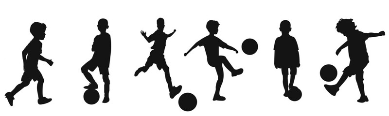 Silhouette of boy playing football, Dynamic isolated Silhouette Against White Background © Muhammad Tayyab