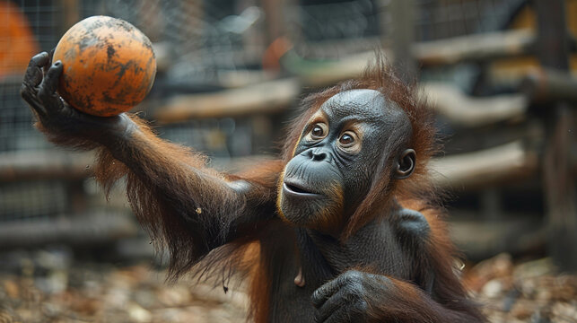A monkey is playing with a ball in an aviary