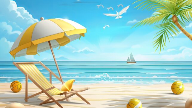 A travel concept for a summer vacation featuring a yellow beach chair and umbrella.