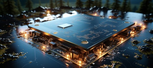 A futuristic, high resolution visualization of earth seamlessly integrated into a computer circuit board, symbolizing innovation and sustainable living. - 770306029