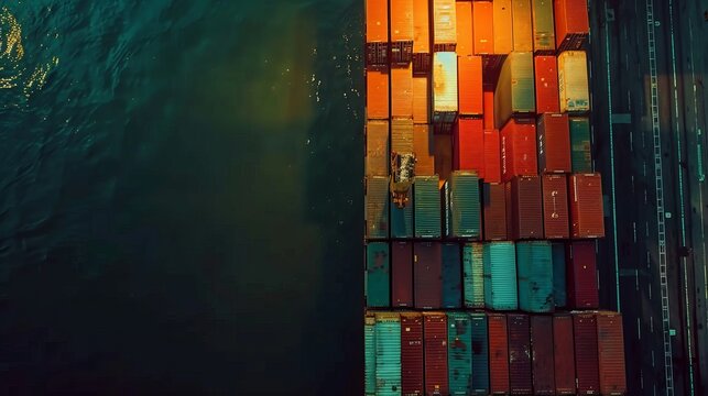 picture of the journey of the cargo ship full of containers from top view