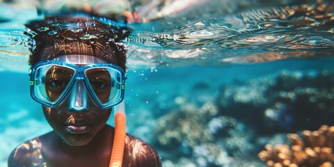 A diver explores the underwater world, with a snorkel and mask, amidst vibrant corals. - obrazy, fototapety, plakaty