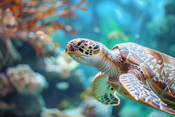Fototapeta premium A sea turtle glides through water with a vibrant coral backdrop.