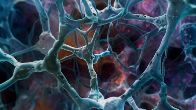 A highly detailed view of a plant cells cell wall showing a complex network of cellulose fibers and other proteins that provide strength . AI generation.