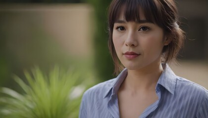 Fototapeta premium blurry, rating:safe, depth_of_field, vertical_stripes, striped_shirt, striped, blurry_background, solo, vertical-striped_shirt, short_hair, pinstripe_pattern, bangs, nose, lips, shirt, looking_at_view