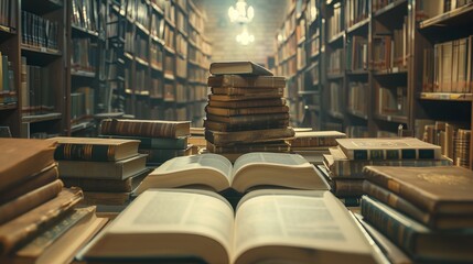 Background image with a book left open on a library table - obrazy, fototapety, plakaty