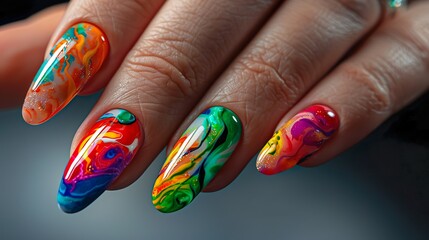 artistic flow: manicured long nails with an oil paint swirl pattern