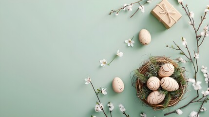 Fototapeta na wymiar Easter poster and banner template with Easter eggs in the nest on light green background.Greetings and presents for Easter Day in flat lay styling 