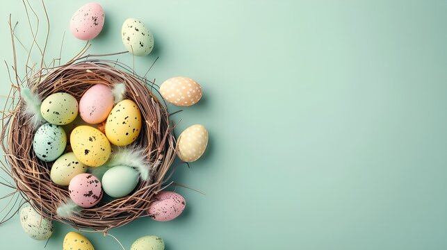 Easter poster and banner template with Easter eggs in the nest on light green background.Greetings and presents for Easter Day in flat lay styling ai generated 