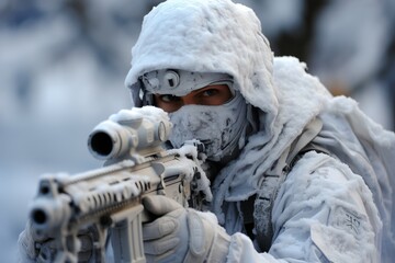 A highly skilled sniper, camouflaged in winter attire, steadies a sniper rifle equipped with a precision scope, as they take aim in a serene, snow covered terrain.
