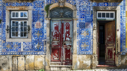 Fototapeta na wymiar An old Portuguese building facade decorated with blue azulejos and a rustic red door